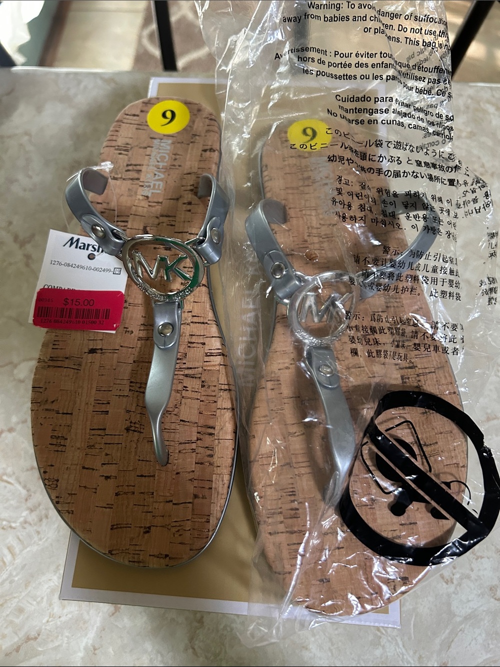 MICHAEL Michael Kors Silver Cork-Effect Logo Thong Sandals